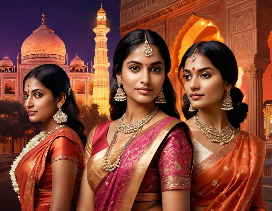 A captivating collage featuring a diverse group of beautiful Indian women showcasing traditional and modern styles, set against an enchanting backdrop of iconic Indian landmarks and romantic settings, with soft glowing lights to evoke warmth and charm. Incorporate elegant floral elements and subtle hints of cultural motifs to enhance the allure. vibrant colors. super-realistic.