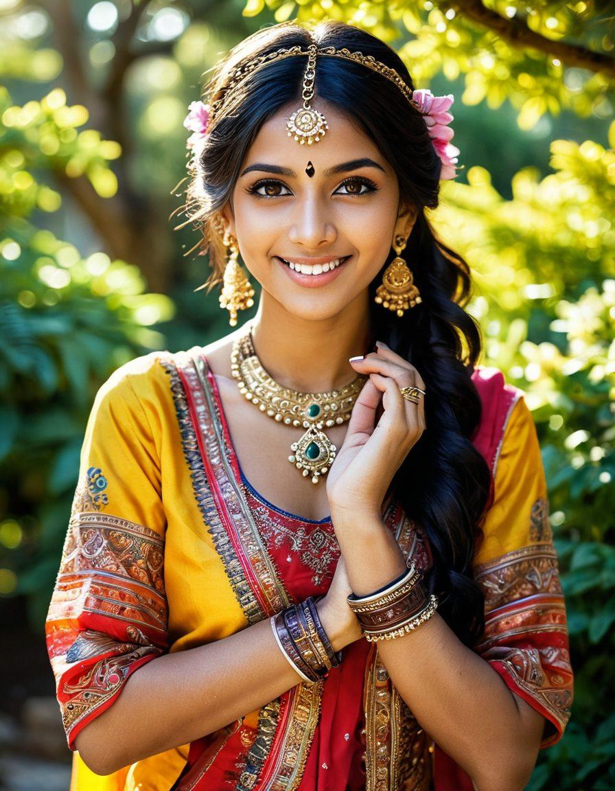 A vibrant scene showcasing a playful, spirited Indian girl with sparkling eyes, dressed in a colorful traditional outfit, engaging in flirtatious banter in a lush garden filled with blooming flowers. The background features soft golden sunlight filtering through leafy trees, creating a warm, inviting atmosphere. Incorporate elements of Indian culture, like intricate jewelry and henna designs on her hands. super-realistic. vibrant colors. soft focus.