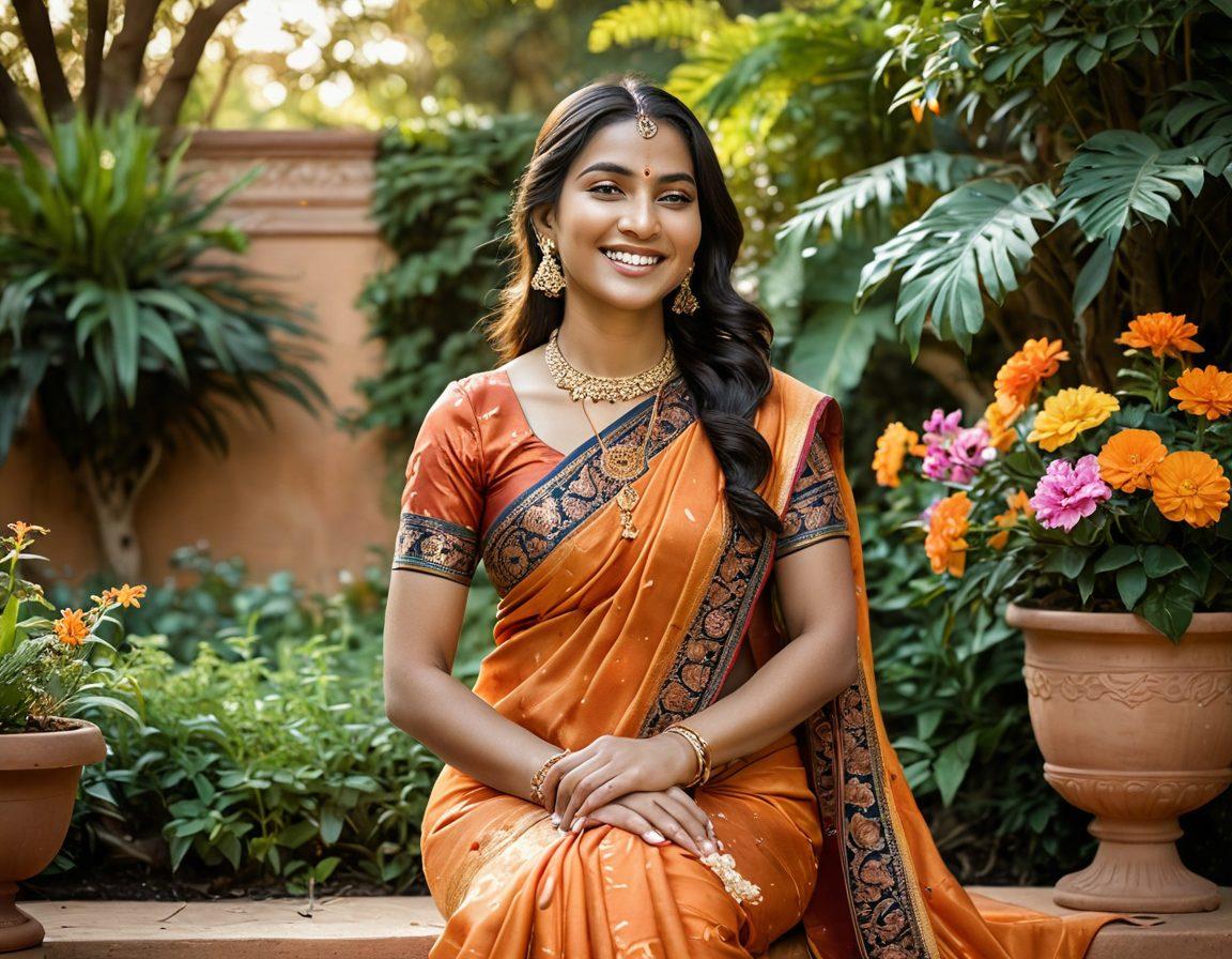 A beautiful Indian woman adorned in a vibrant traditional saree, gracefully laughing while sitting in a lush garden filled with exotic flowers. She embodies elegance and charm, with a playful sparkle in her eyes, exuding confidence and allure. The background features terracotta pots and intricate patterns that reflect Indian culture. warm sunlight filtering through the trees. super-realistic. vibrant colors.